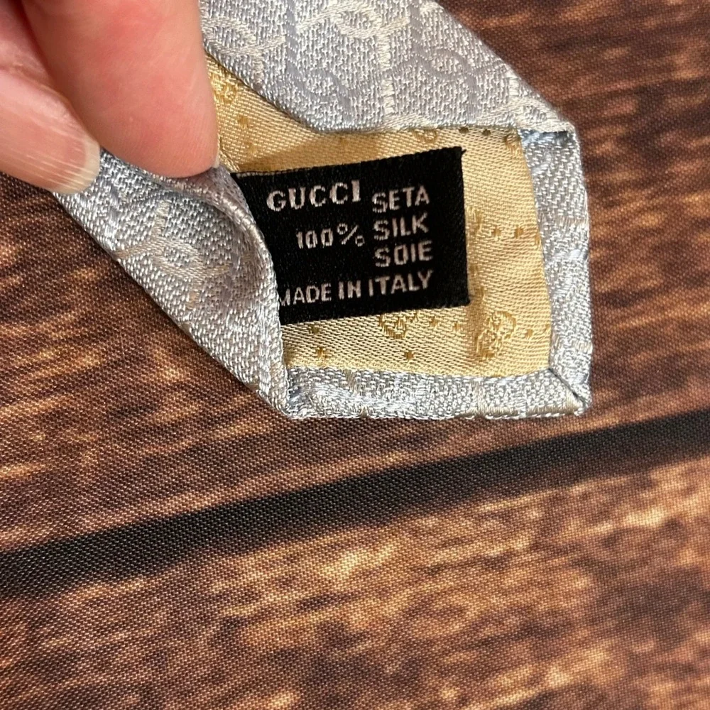 VTG Gucci Mens Light Blue Silver Interlocking G Chain Link 100% Silk Tie Italy